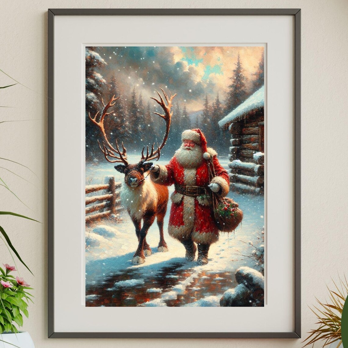 Santa Claus Walking With Reindeer Snowy Cabin Winter Trail Poster