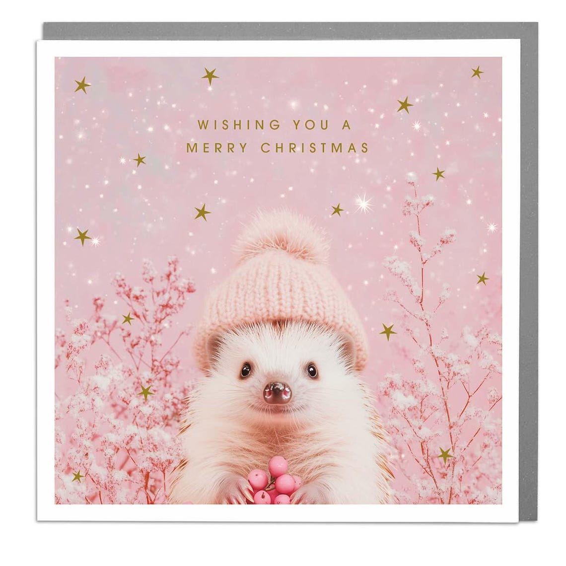 Cute Hedgehog in Pink Winter Hat Merry Christmas Card Poster