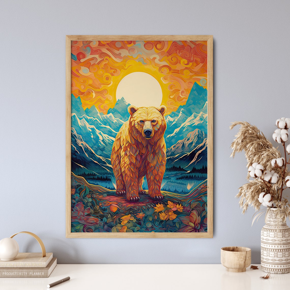 Bear Standing Before Mountain Sunrise Psychedelic Nature Poster - Image 5