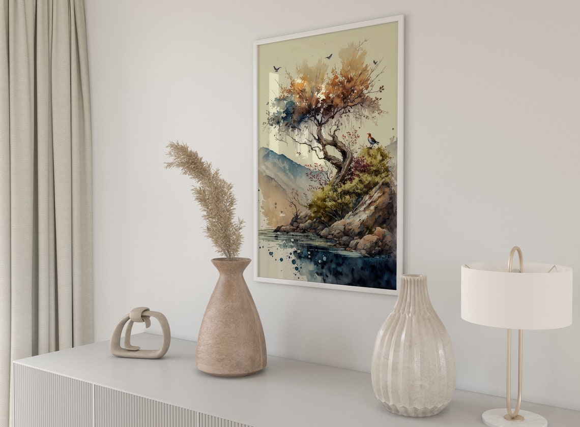Windswept Tree by Lake Neutral Beige Watercolour Landscape Poster - Image 4