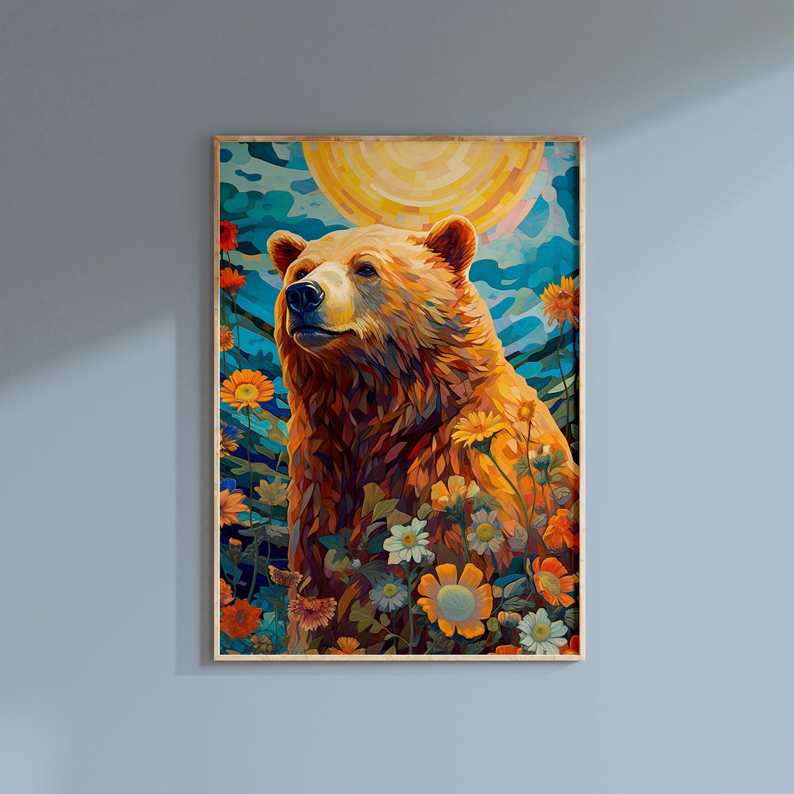 Bear Among Wildflowers Mosaic Sunset Wildlife Art Style Poster - Image 3