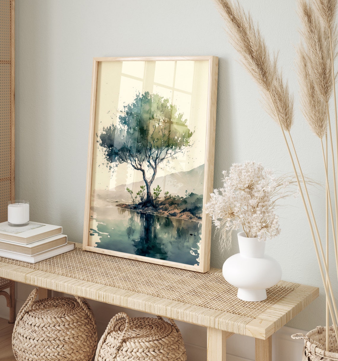 Serene Watercolor Tree By Calm Lake With Mirror Reflection Poster - Image 2