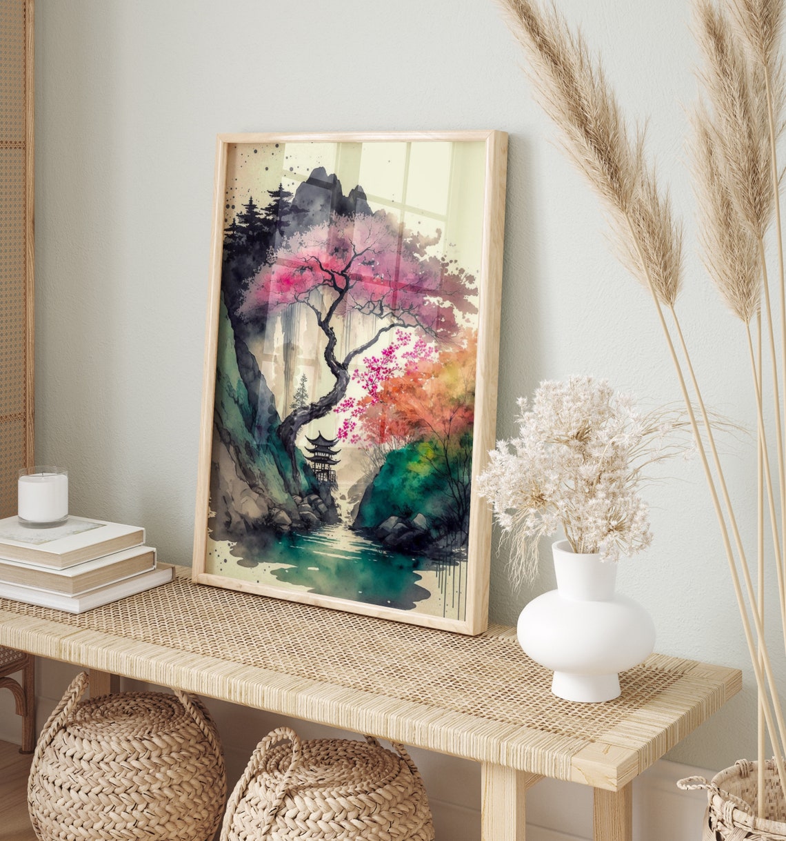 Japanese Cherry Blossom Tree River Pagoda Mountain Scene Poster - Image 4