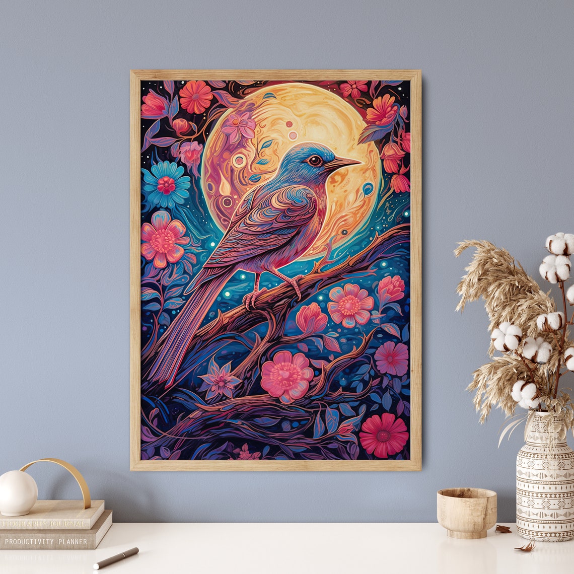 Bluebird Full Moon Night Blooms Colorful Songbird Art Poster - Image 5