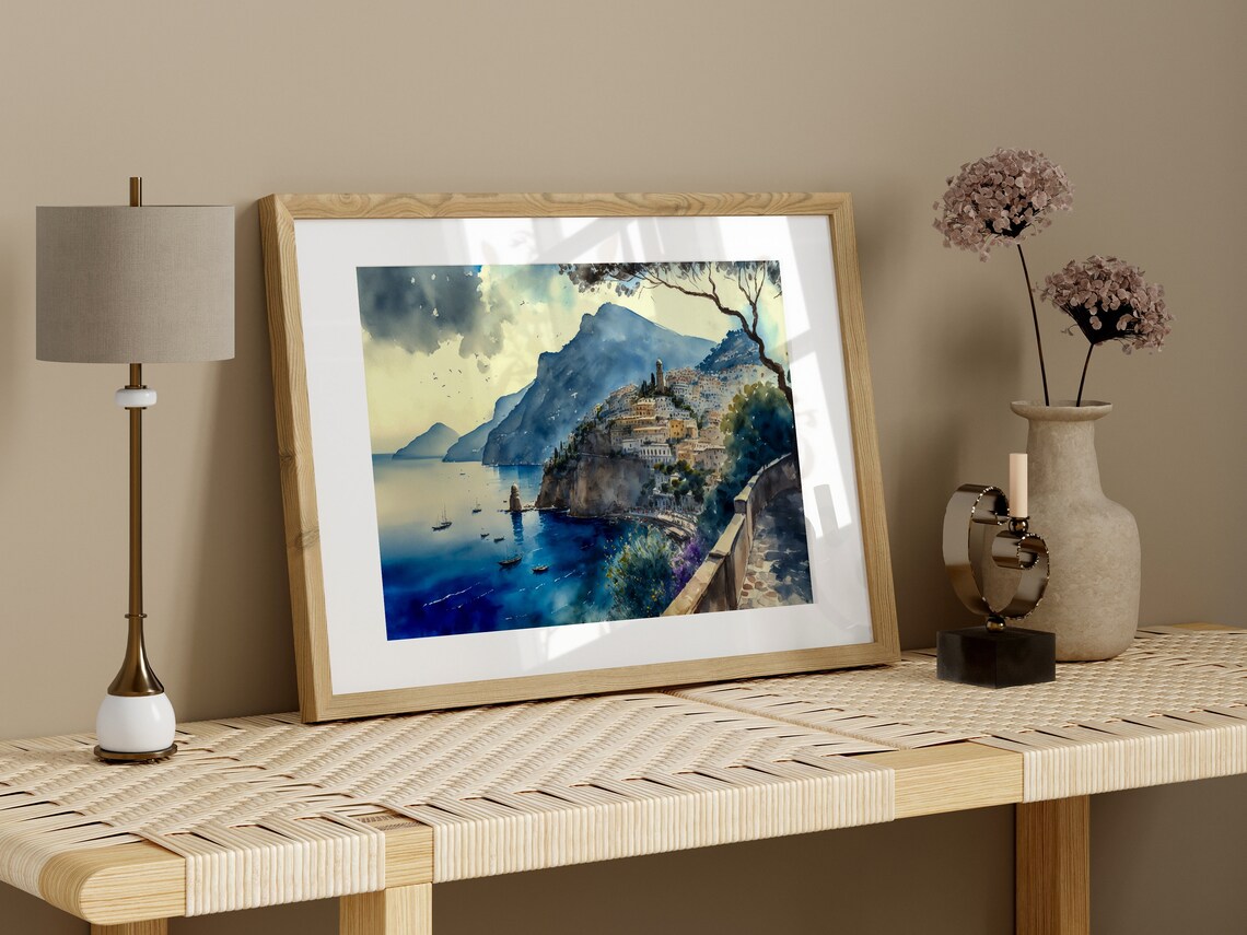 Amalfi Coast Cliffside Town Watercolor Italian Travel Wall Art - Image 5