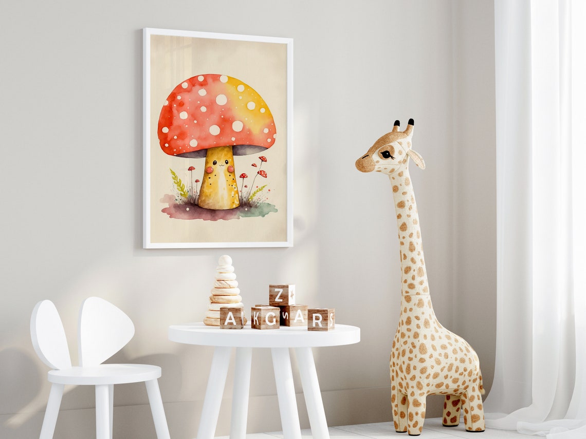 Smiling Mushroom Cute Kawaii Nursery Watercolor Style Poster - Image 4