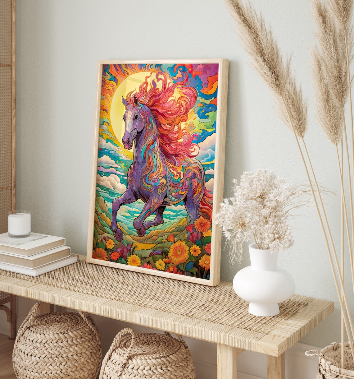 Psychedelic Rainbow Mane Horse Galloping Sun Colorful Art Poster - Image 3