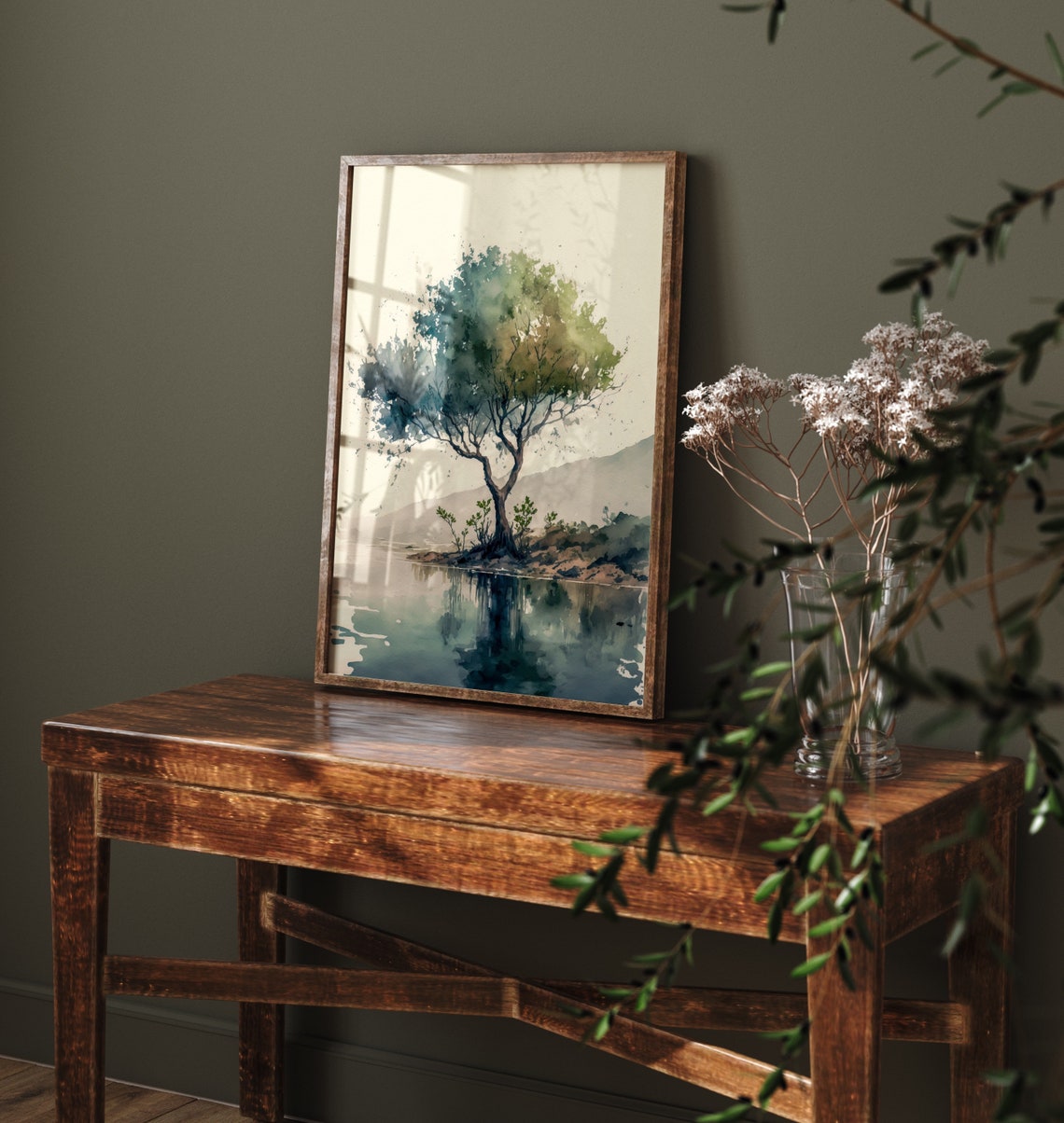 Serene Watercolor Tree By Calm Lake With Mirror Reflection Poster - Image 5
