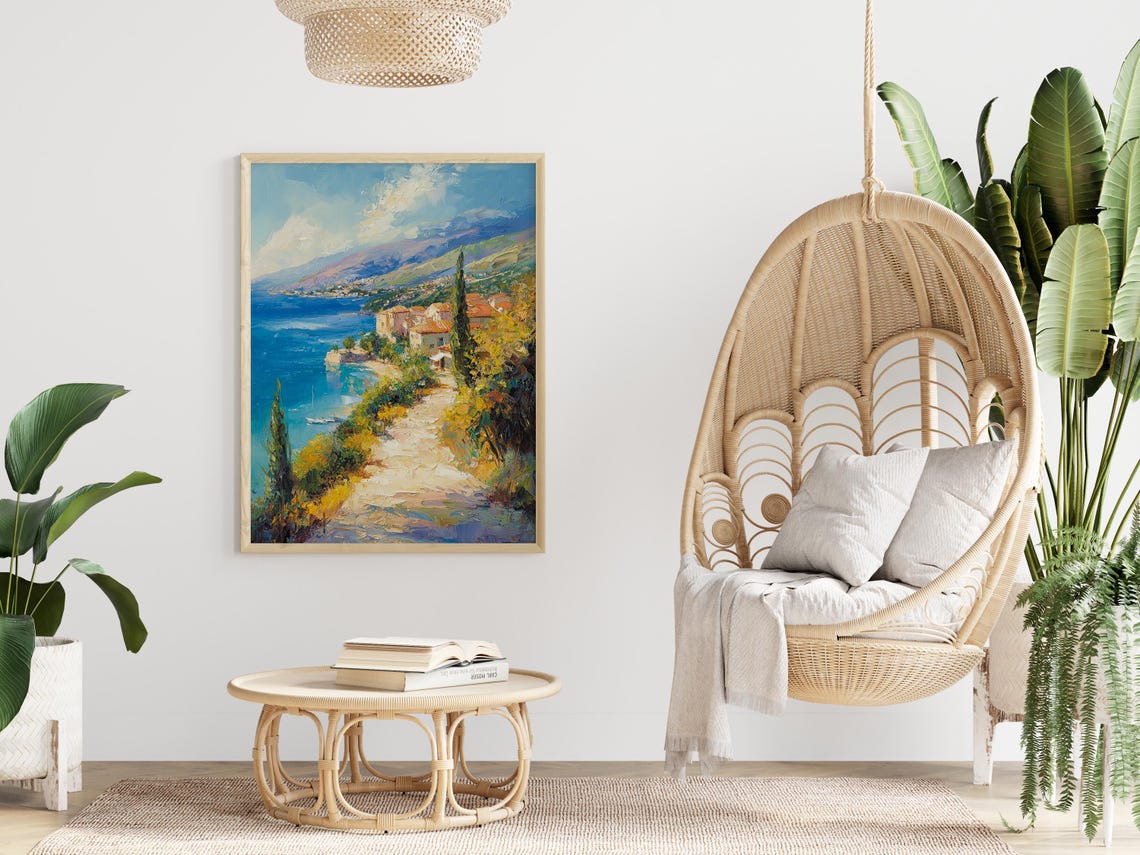 Italian Coastal Town Cypress Path Blue Sea Impressionist Poster - Image 3