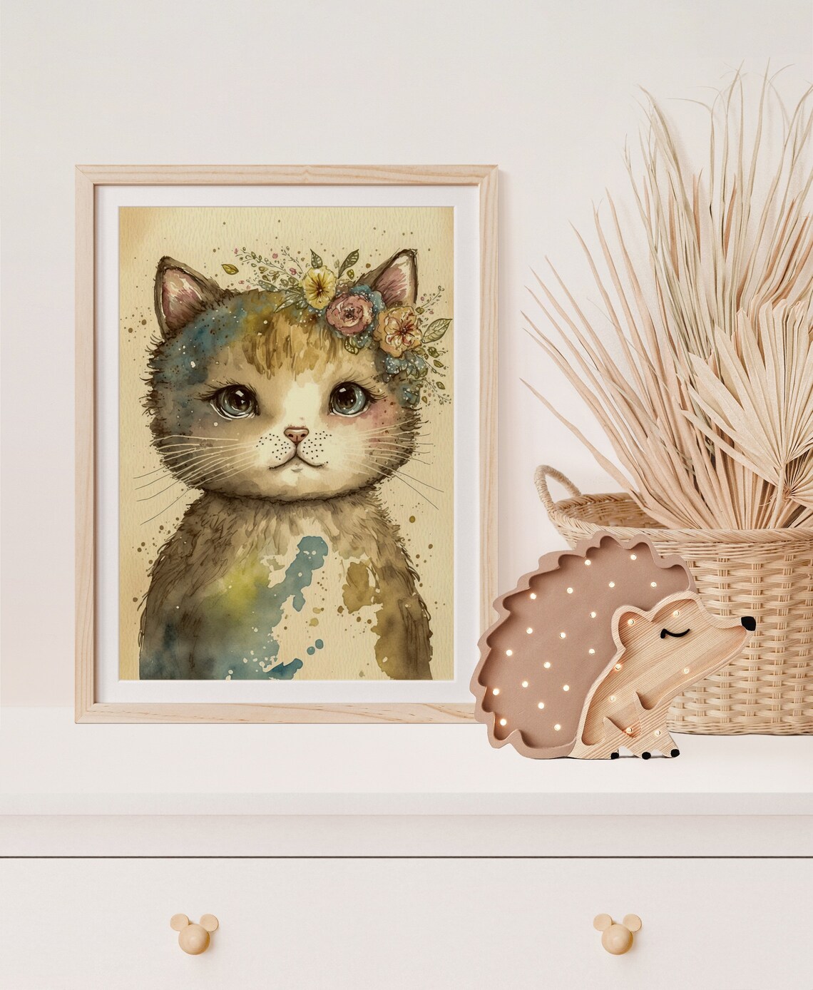 Watercolor Kitten Flower Crown Blue Eyes Cute Nursery Cat Poster - Image 4