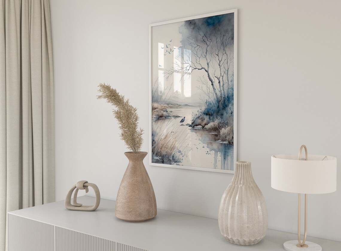 Peaceful Blue Lake Bird Misty Watercolor Nature Reserve Poster - Image 5