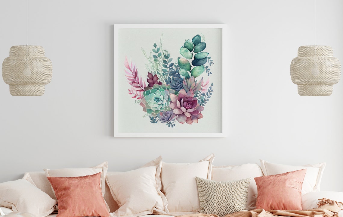 Watercolor Succulents and Eucalyptus Botanical Arrangement Art Print - Image 3