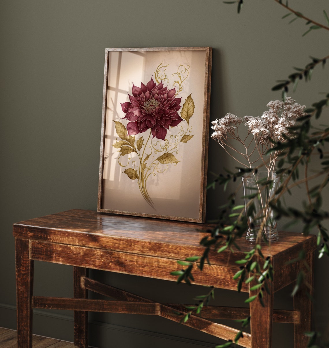 Red Dahlia Gold Leaves Elegant Dark Red Bloom Floral Art Print - Image 4