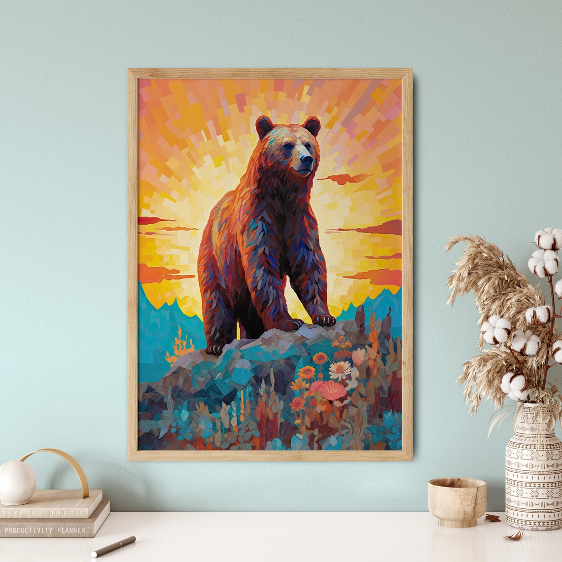 Mosaic Bear Standing Rocky Sunset Wildflowers Colourful Art Poster - Image 5