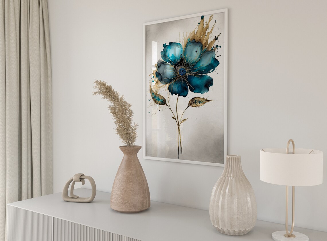 Teal Flower Gold Splash Modern Watercolour Floral Art Poster - Image 5