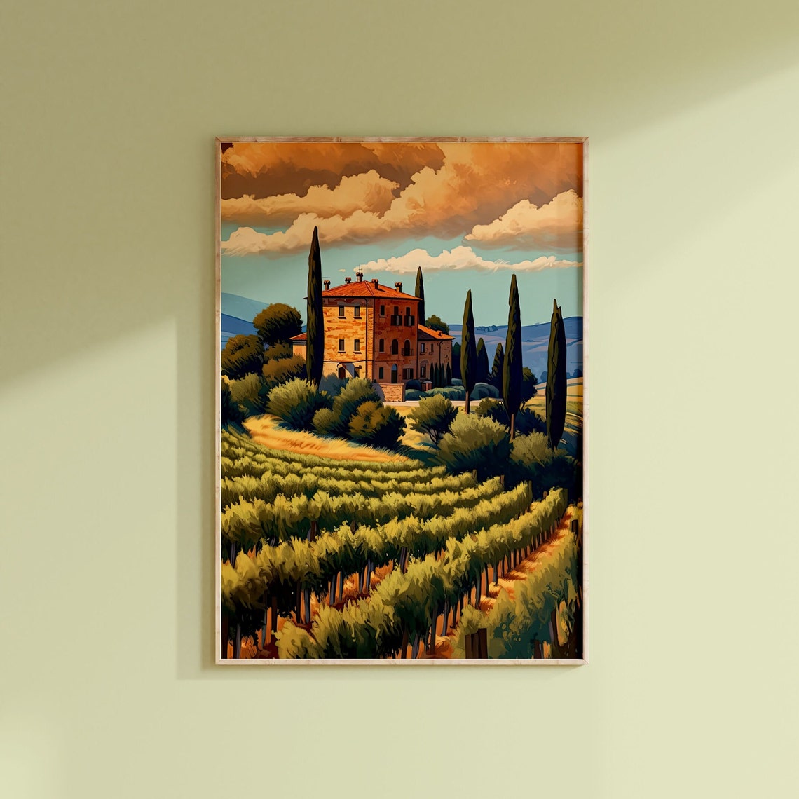 Tuscan Vineyard Villa Sunset Cypress Trees Golden Landscape Poster - Image 3