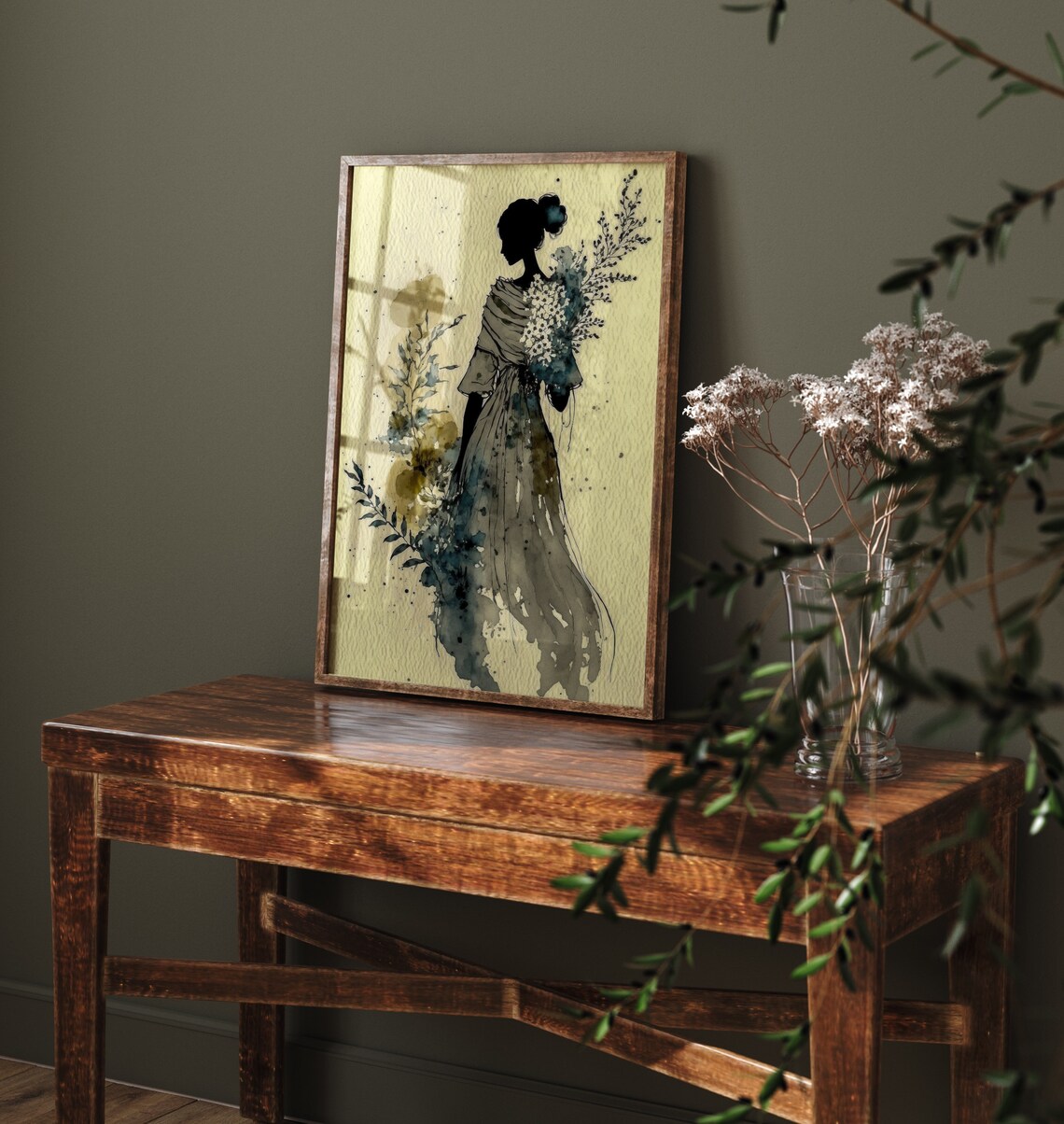 Silhouette Woman Flower Bouquet Elegant Black Gold Figure Art Print - Image 5