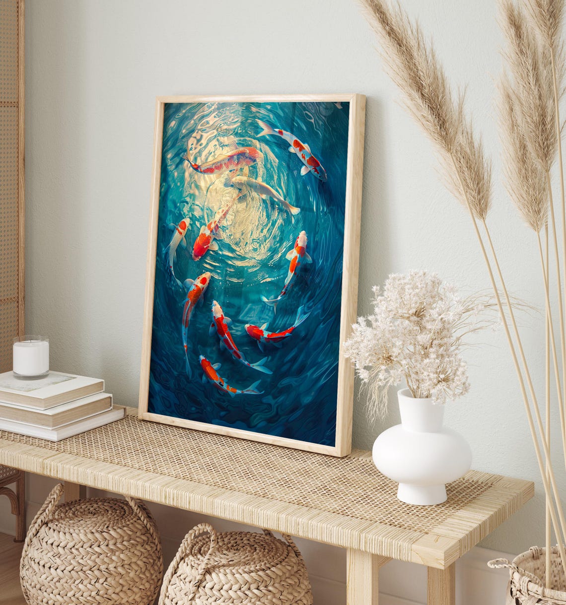 Red White Koi Fish Circling Blue Pond Water Top View Art Poster - Image 4