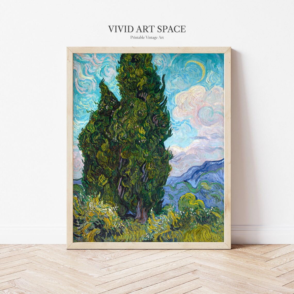 Van Gogh Cypresses Swirling Night Sky Moonlit Landscape Art Print - Image 2