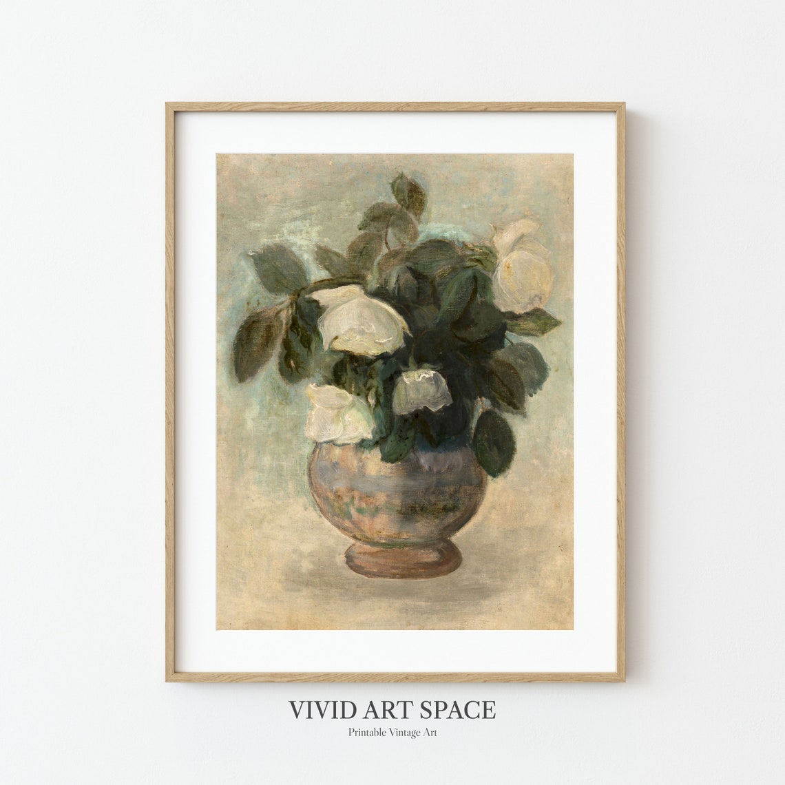 White Roses in a Footed Vase Impressionist Still Life Art Print - Image 2