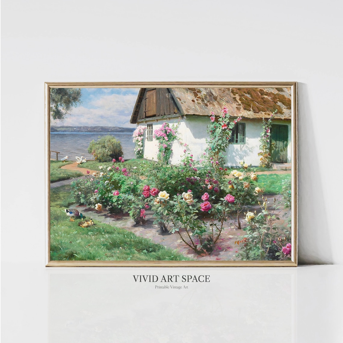 Roses Bloom At Thatched Cottage Garden Vintage Painting Poster