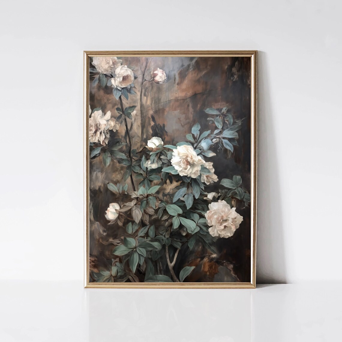 Moody White Roses on Dark Ground Vintage Floral Painting Print