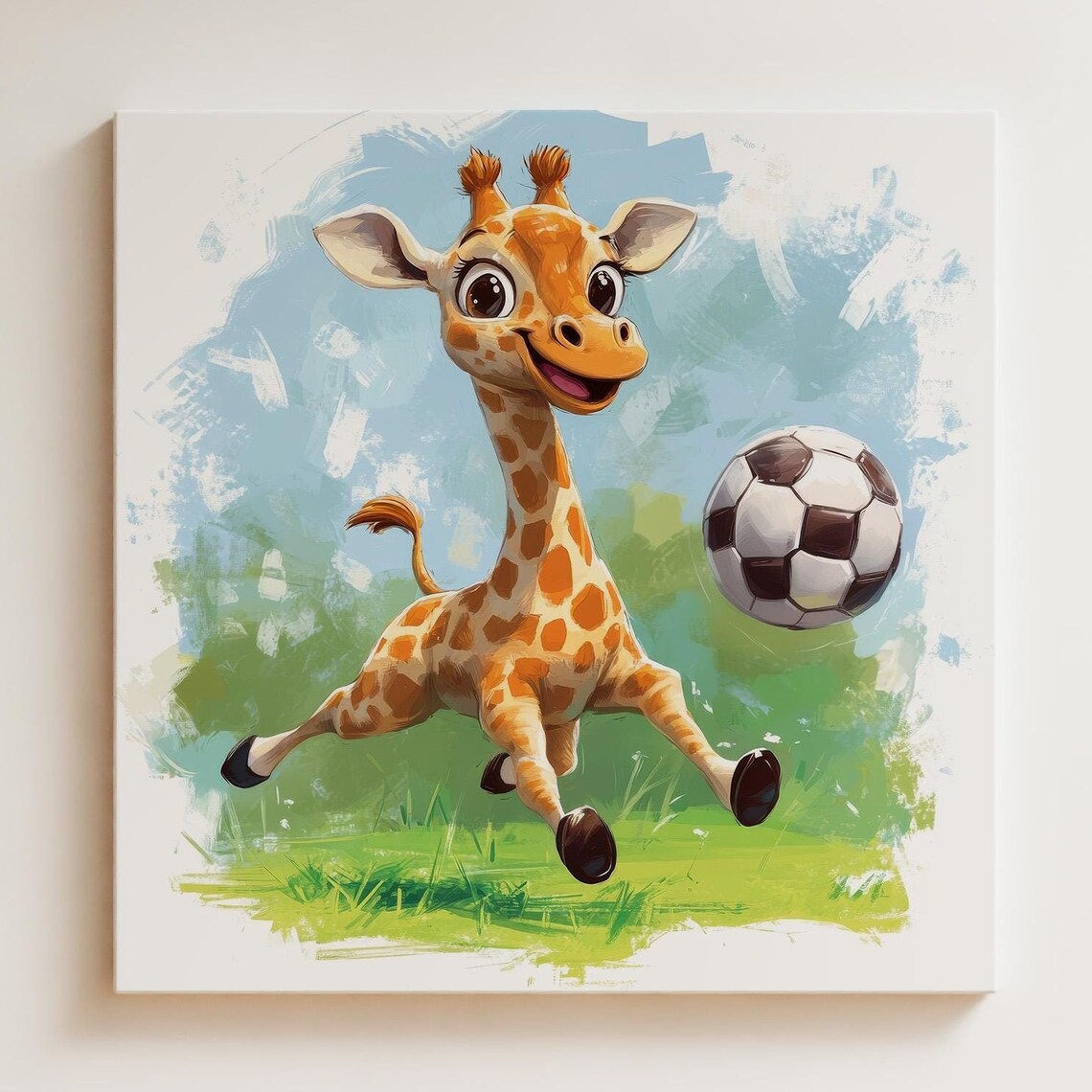 Giraffe Playing Soccer, Cute Nursery Art Print