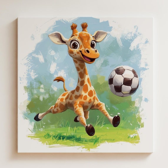 Giraffe Playing Soccer, Cute Nursery Art Print