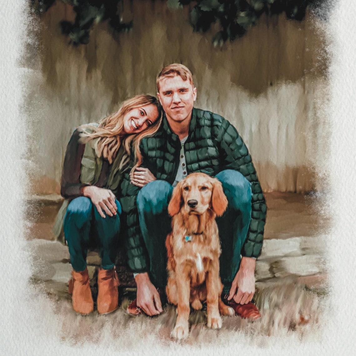 Custom Watercolor Couple Portrait With a Golden Retriever Puppy Poster