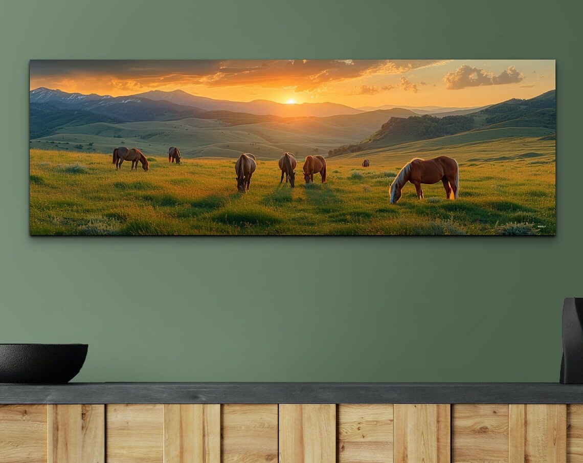 Horses Grazing Sunrise Golden Hills Mountain Morning Light Poster