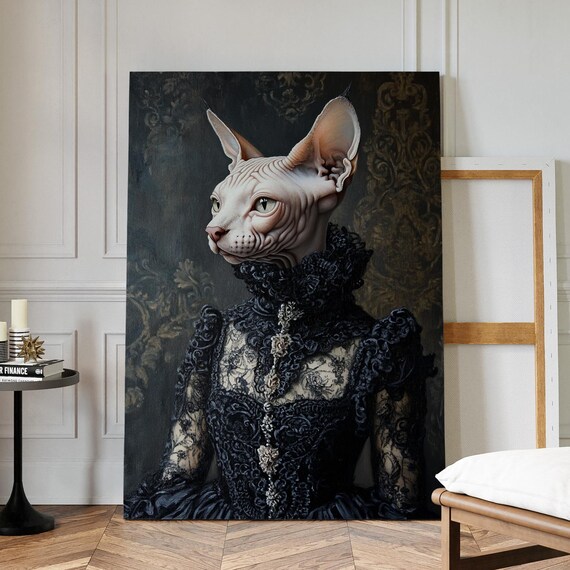 Regal Sphynx Cat In Black Victorian Lace Dress Portrait Poster