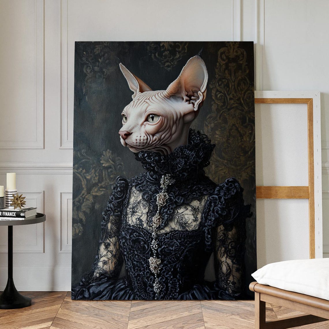 Regal Sphynx Cat In Black Victorian Lace Dress Portrait Poster