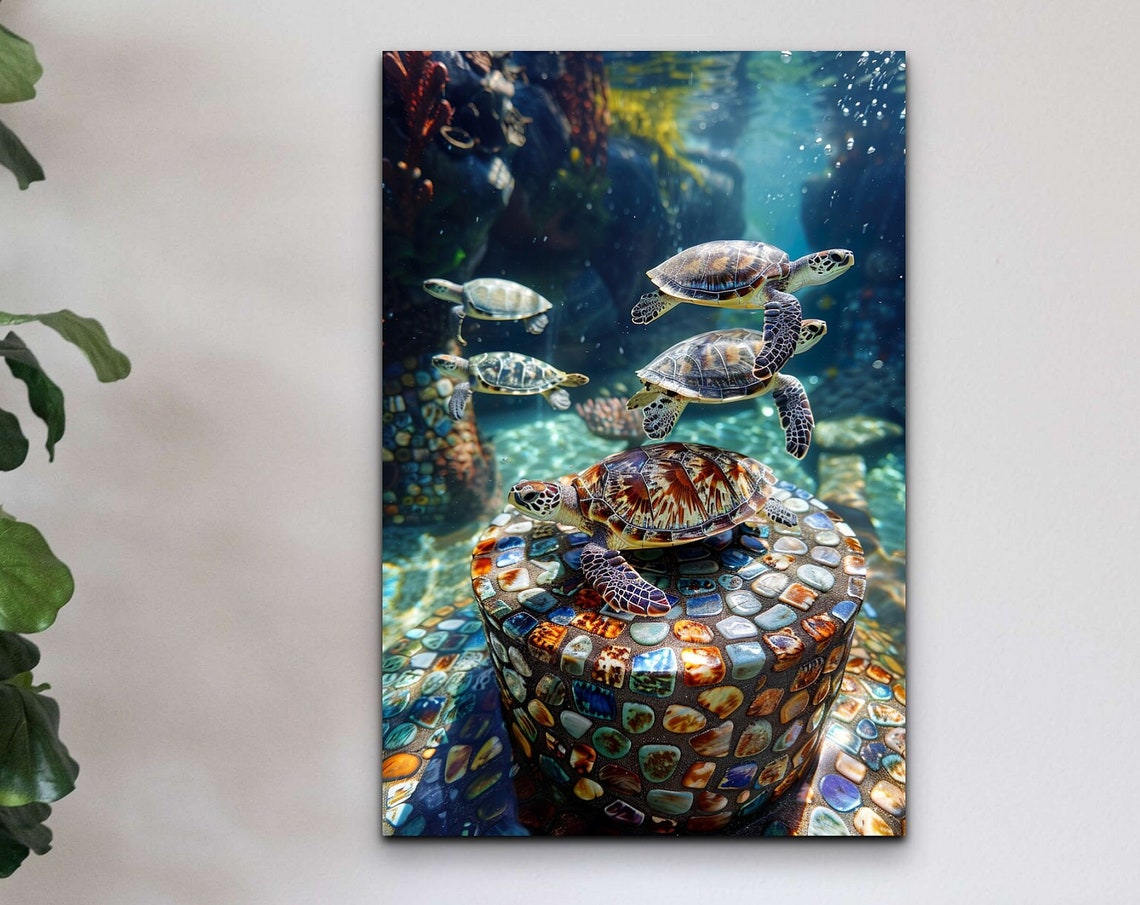 Sea Turtles Swimming Around Mosaic Underwater Column Wall Art