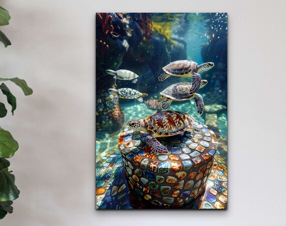 Turtles Underwater Wall Art Print Sea Art Decor Centerpiece Art Portrait Wrapped Ready To Hang Nautical Decor