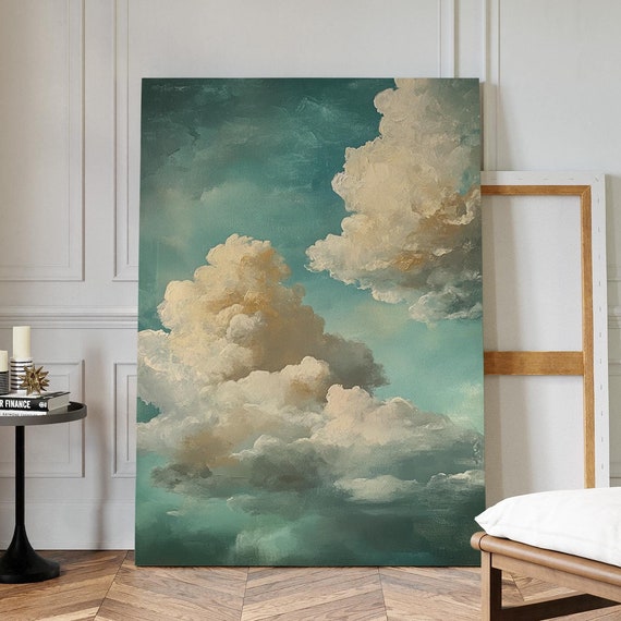 Tranquil Sky Wall Art Dreamy Cloudscape Painting With Soft Teal And Golden Hues For Elegant Home Decor