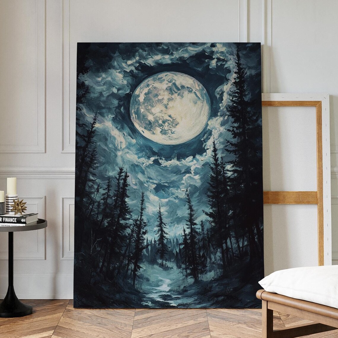 Full Moon Forest Scene Mystical Nocturnal Art With Tall Trees Moonlit Sky And Dark Night Aesthetic For Unique Wall Dcor