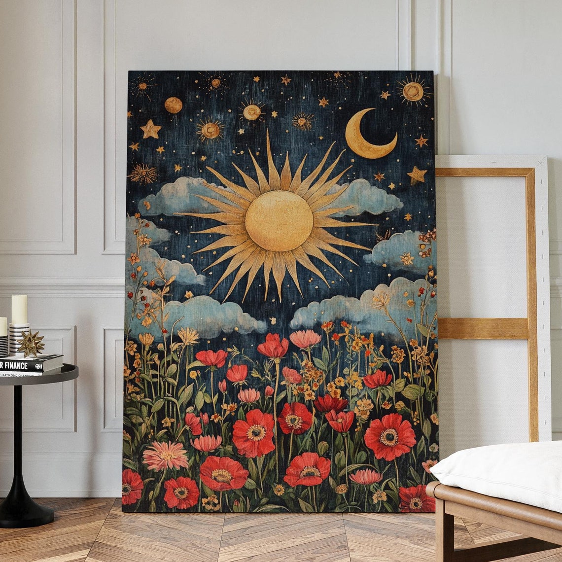 Golden Sun And Crescent Moon Over Red Poppy Meadow Night Poster