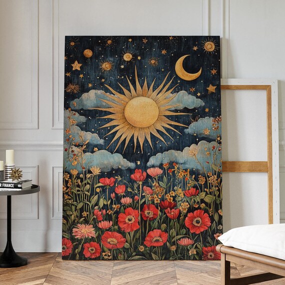 Golden Sun And Crescent Moon Over Red Poppy Meadow Night Poster
