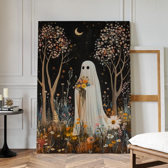 Whimsical Ghost Holding Flowers Under Crescent Moon Cottagecore Halloween Art With Autumn Blossoms And Starry Night