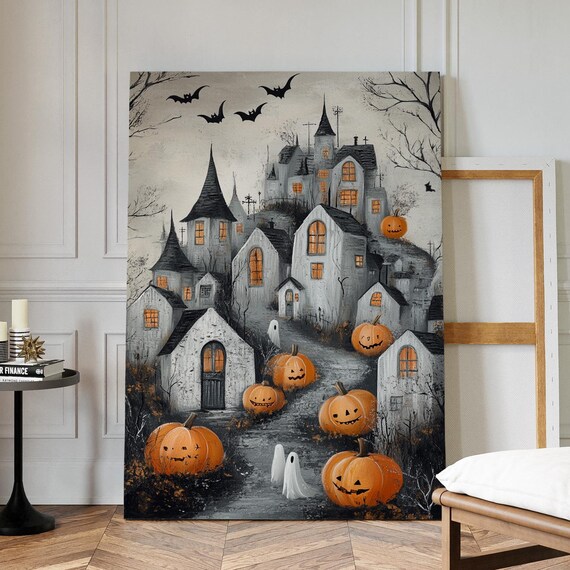 Spooky Haunted Village Pumpkins Ghosts and Bats Halloween Wall Art Print