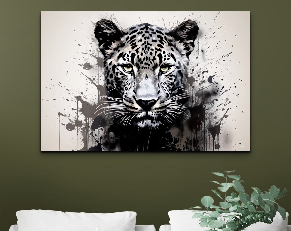 Leopard Portrait in Dramatic Black and White Splash Paint Style Poster