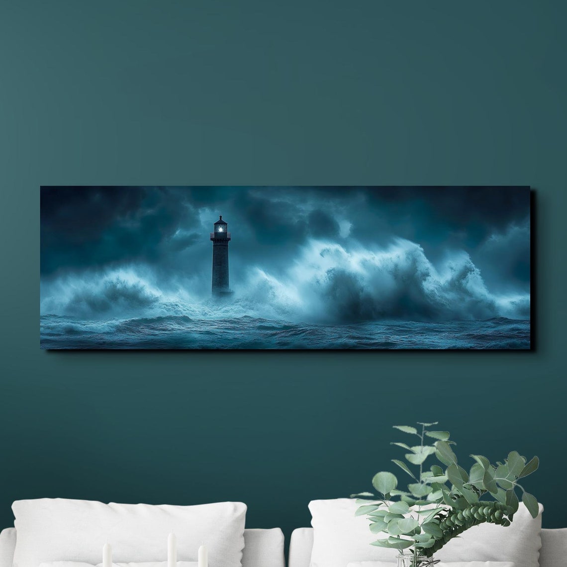 Lighthouse Enduring Night Storm Waves Moody Ocean Panoramic Poster