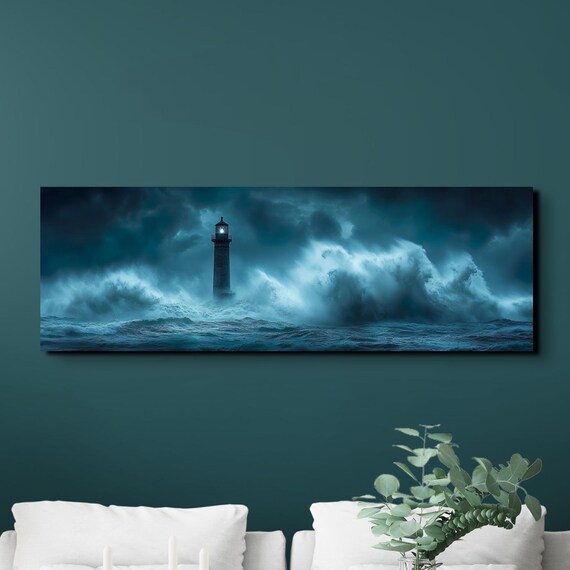 Lighthouse Enduring Night Storm Waves Moody Ocean Panoramic Poster
