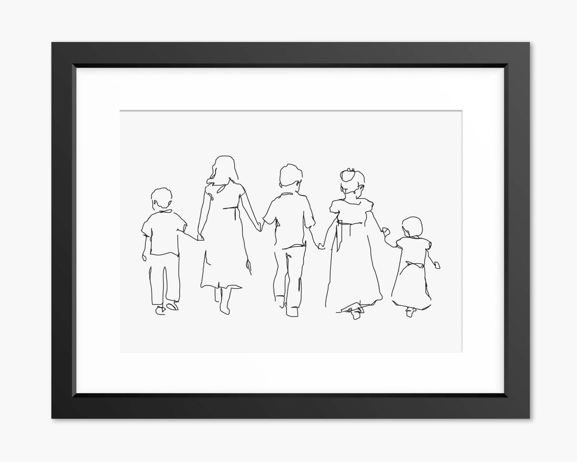 Five Children Holding Hands Walking Together Line Art Poster