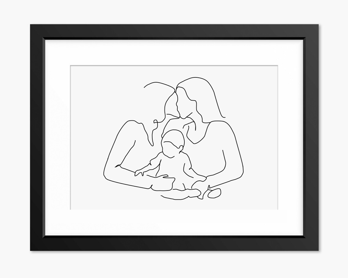 Two Moms With Baby Family Single Line Drawing Love Wall Poster