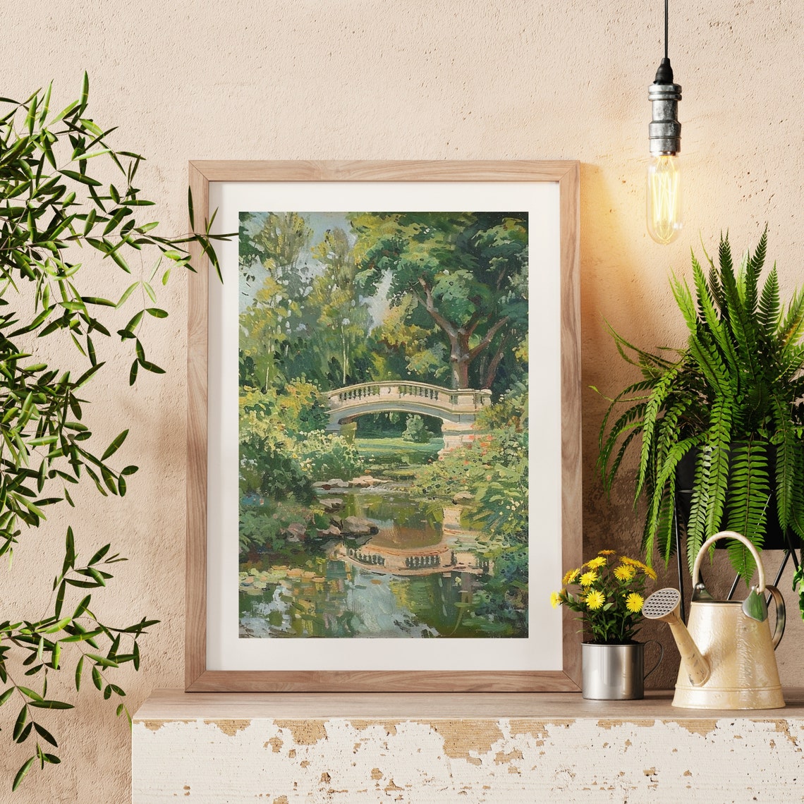 Stone Bridge Over Garden Pond Impressionist Summer Landscape Poster - Image 3