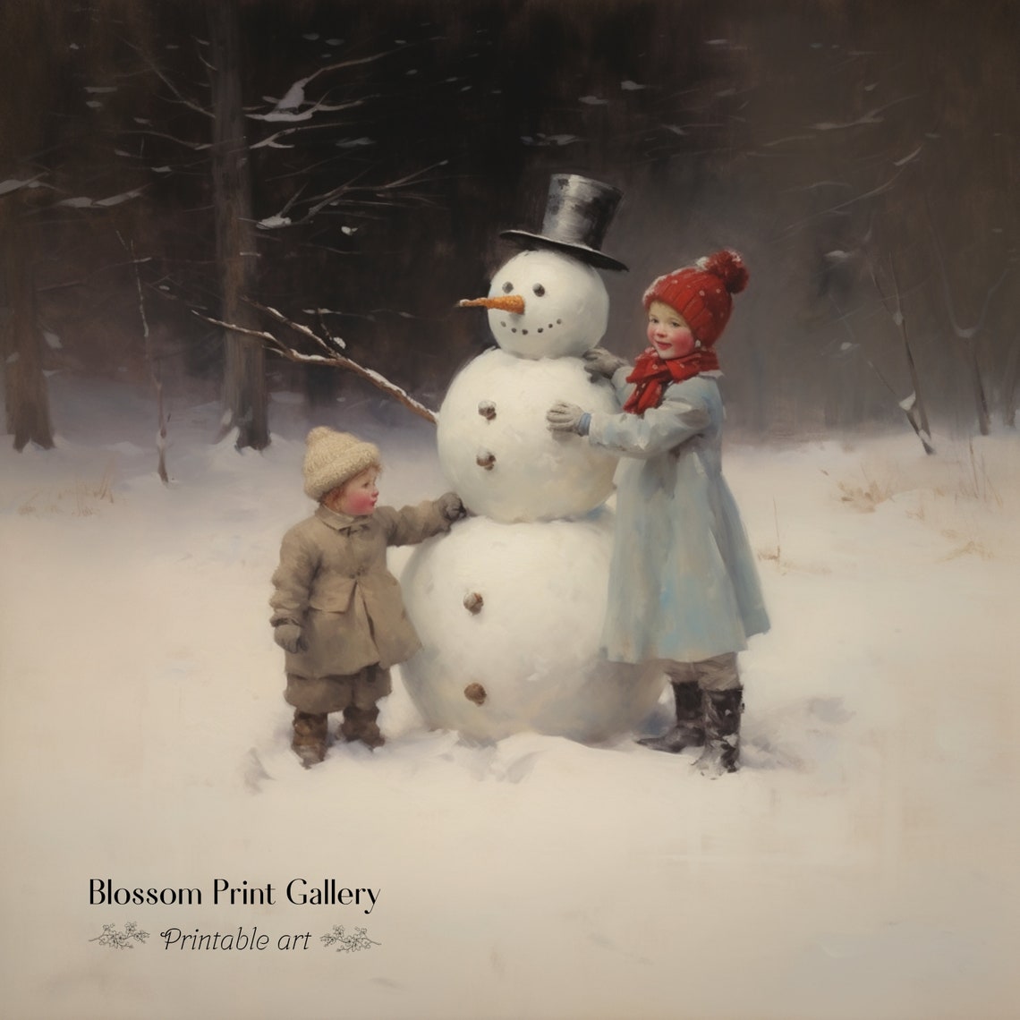 Children Building Snowman Winter Forest Vintage Holiday Poster - Image 4