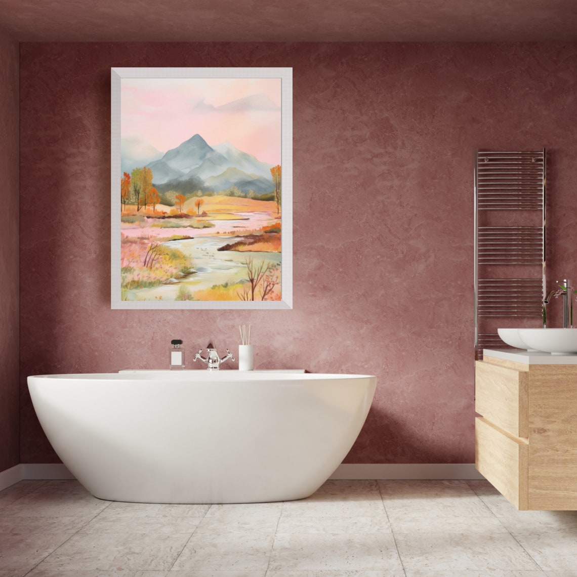 Pastel Watercolor Mountain Valley Meadow Stream Painting Poster - Image 4