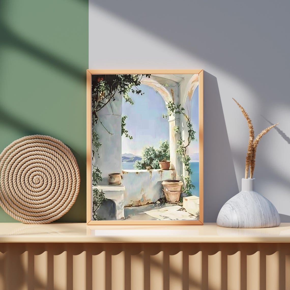 Mediterranean Terrace Arches Sea View Neutral Coastal Art Poster - Image 5