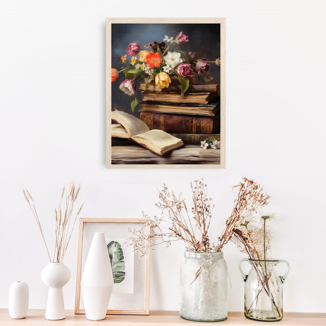 Antique Books with Blooming Tulips Dark Academia Still Life Poster - Image 2